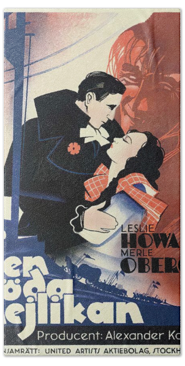 Synopsis Bath Towel featuring the mixed media ''The Scarlet Pimpernel'', 1934 - art by John Aslund by Movie World Posters