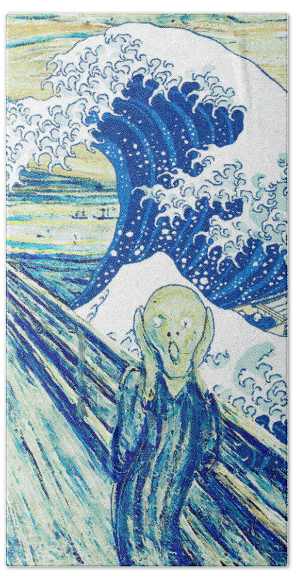The Scream Bath Towel featuring the digital art The Scream by Edvard Munch and The Great Wave off Kanagawa - digital recreation by Nicko Prints