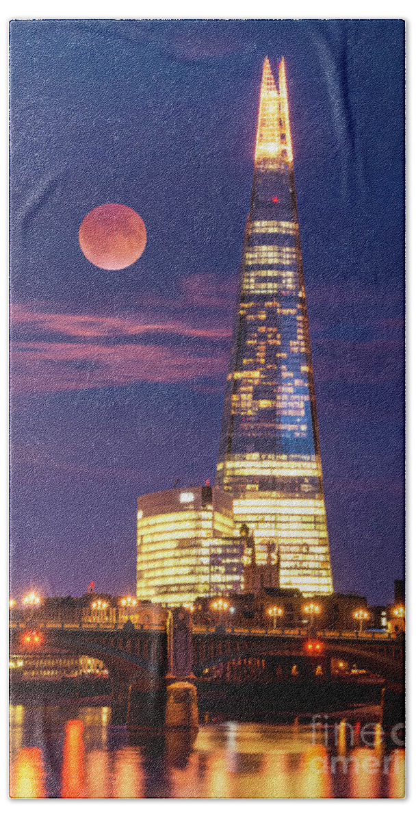 London Hand Towel featuring the photograph The Shard and red moon, London by Neale And Judith Clark