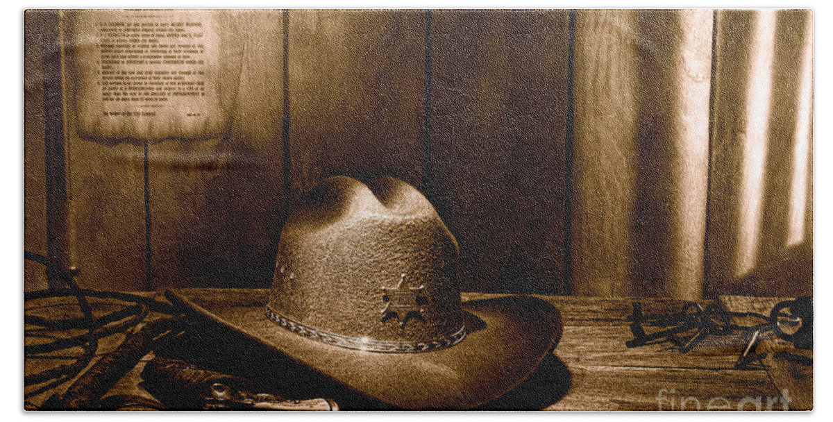 Antique Bath Towel featuring the photograph The Sheriff Office - Sepia by Olivier Le Queinec
