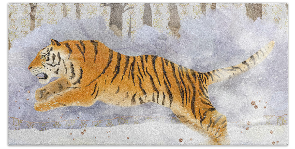Siberian Tiger Hand Towel featuring the digital art The Siberian Tiger Running in the Snow by Andreea Dumez