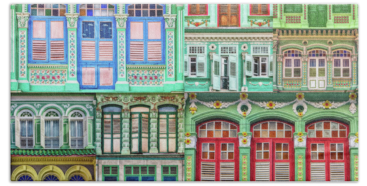 Singapore Hand Towel featuring the photograph The Singapore Shophouse, in GREEN 1 by John Seaton Callahan