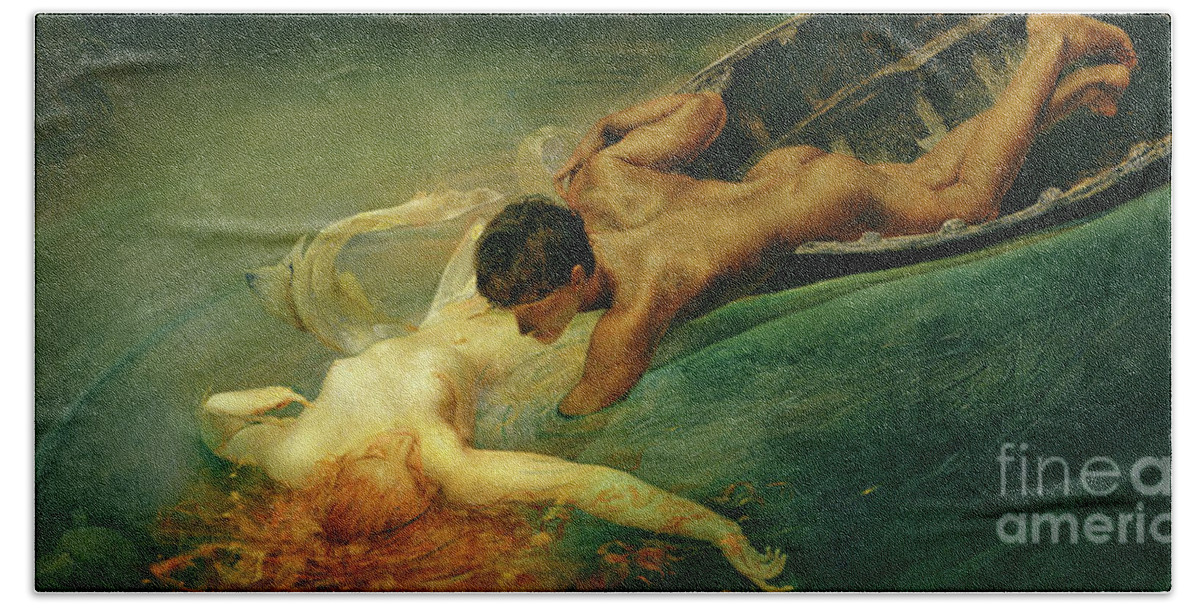 The Siren Hand Towel featuring the painting The Siren, Green Abyss by Giulio Aristide Sartorio