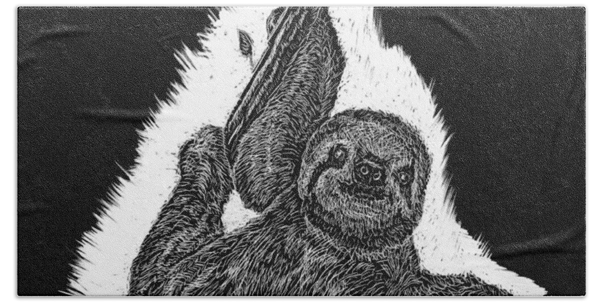 Sloth Hand Towel featuring the drawing The Sloth by Branwen Drew