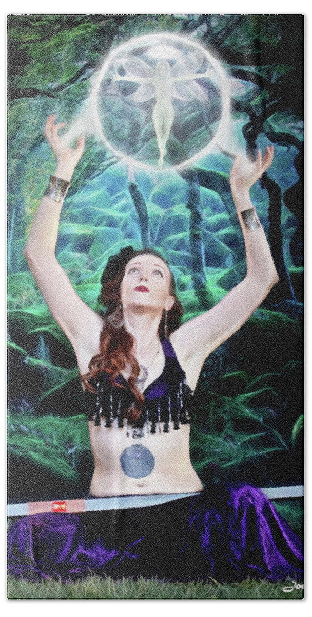 Sorceress Bath Towel featuring the photograph The sorceress spells and fairy by Jon Volden