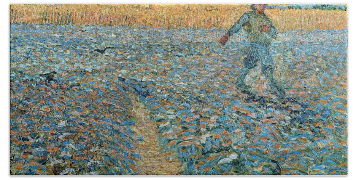 Vincent Van Gogh Hand Towel featuring the painting The sower in the setting sun by Vincent van Gogh