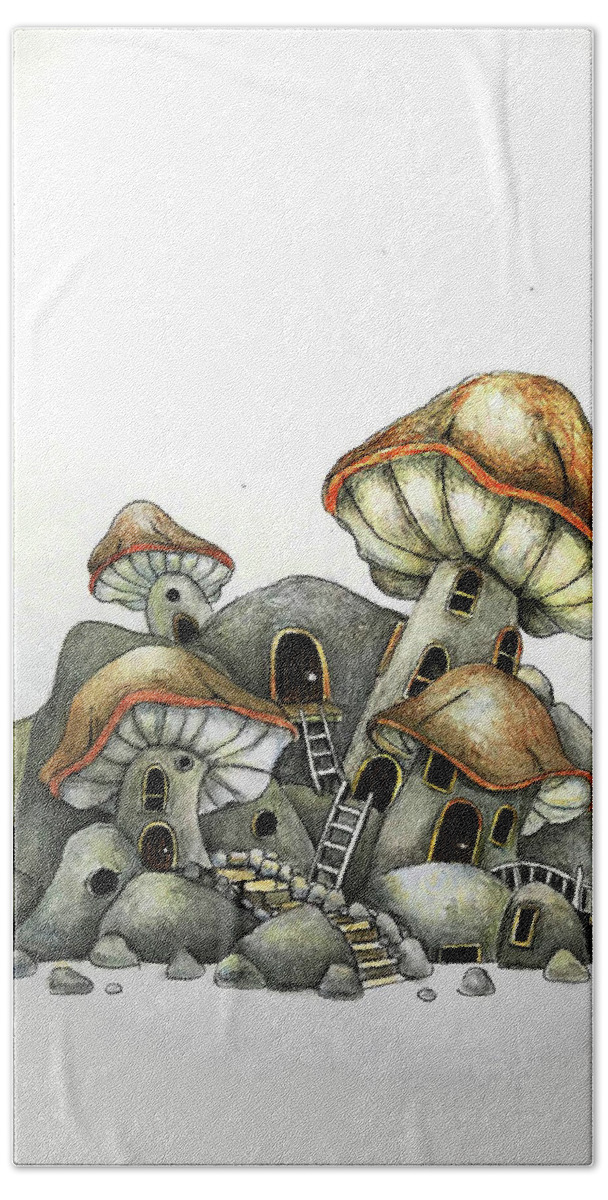 Stone Bath Towel featuring the drawing The stone mushroom house by Tim Ernst