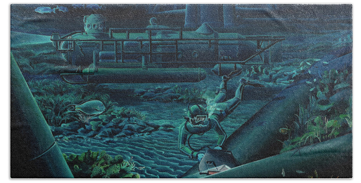 Underwater Hand Towel featuring the painting The submarine by Christian Simonian