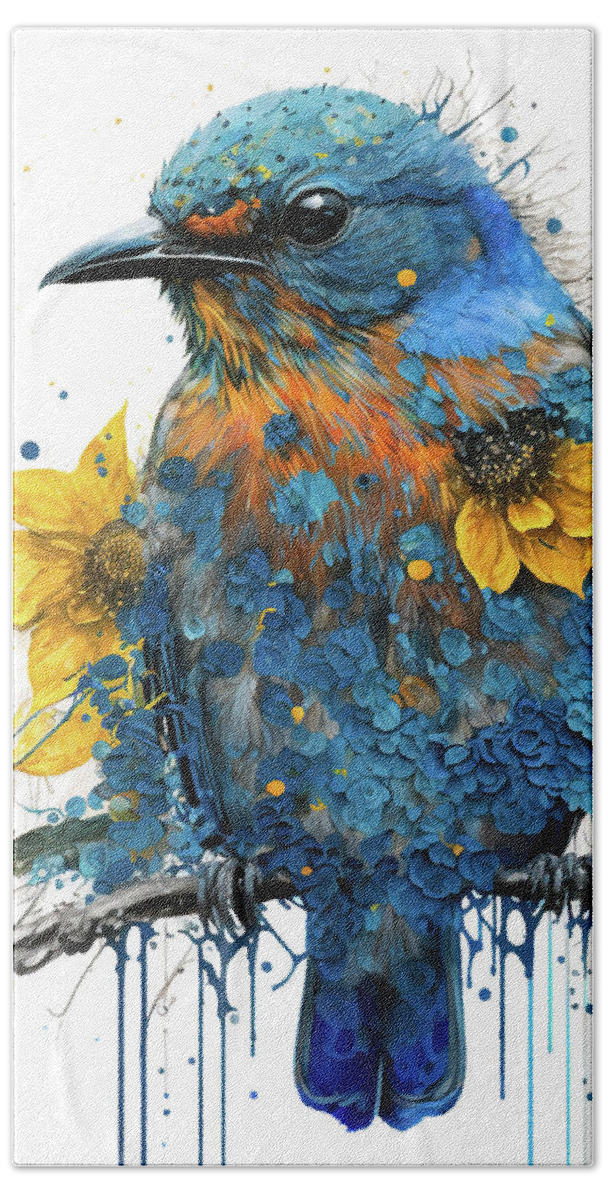 Eastern Bluebird Bath Towel featuring the painting The Sunflower Bluebird by Tina LeCour