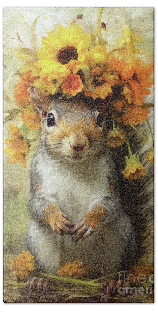 Squirrel Hand Towel featuring the painting The Sunflower Squirrel by Tina LeCour