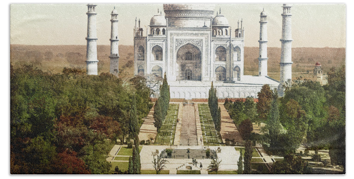 Taj Mahal Bath Towel featuring the photograph The Taj Mahal - Circa 1900 Photochrom by War Is Hell Store