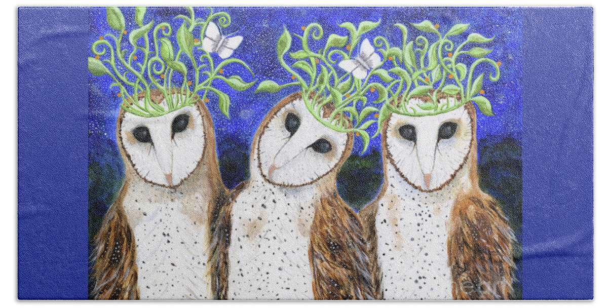 Owls Hand Towel featuring the painting The Three Kings, an owl painting by Lise Winne