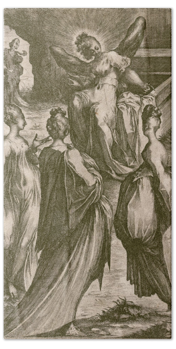 Jacques Bellange Bath Towel featuring the drawing The Three Marys at the Tomb by Jacques Bellange