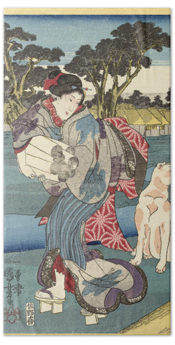 Utagawa Kuniyoshi Bath Towel featuring the drawing The Toi Tama River in Settsu Province by Utagawa Kuniyoshi