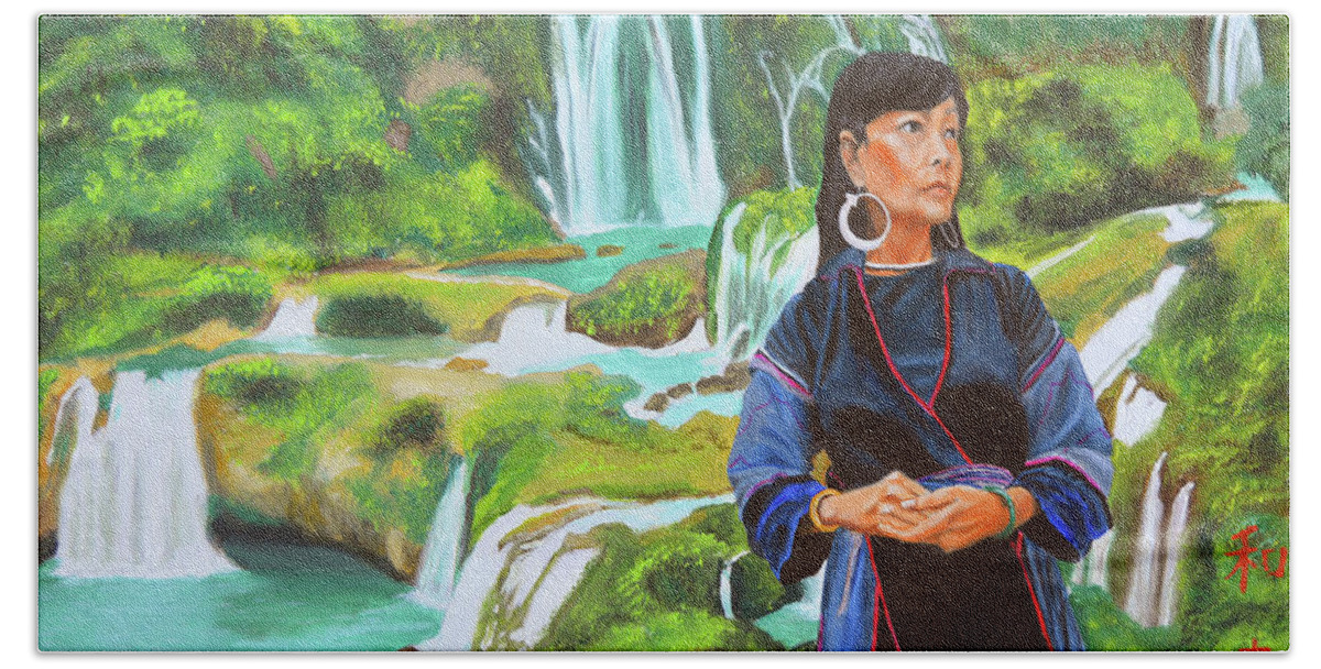 For Her Bath Towel featuring the painting The tour guide by Thu Nguyen