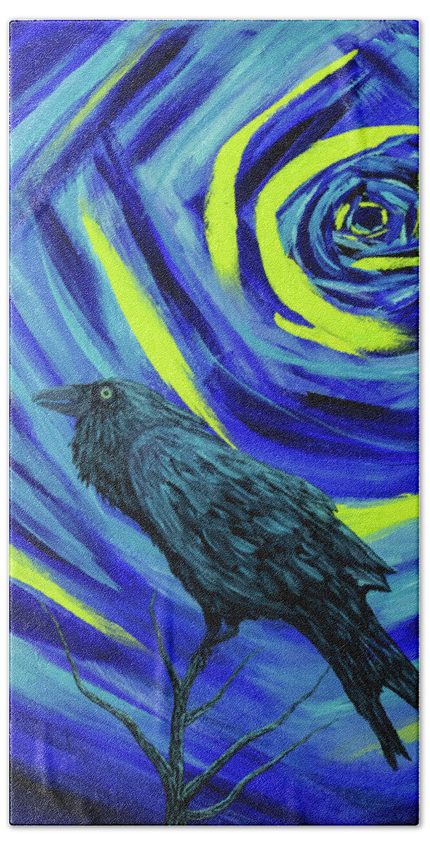 Crow Bath Towel featuring the painting The Trickster by JP McKim