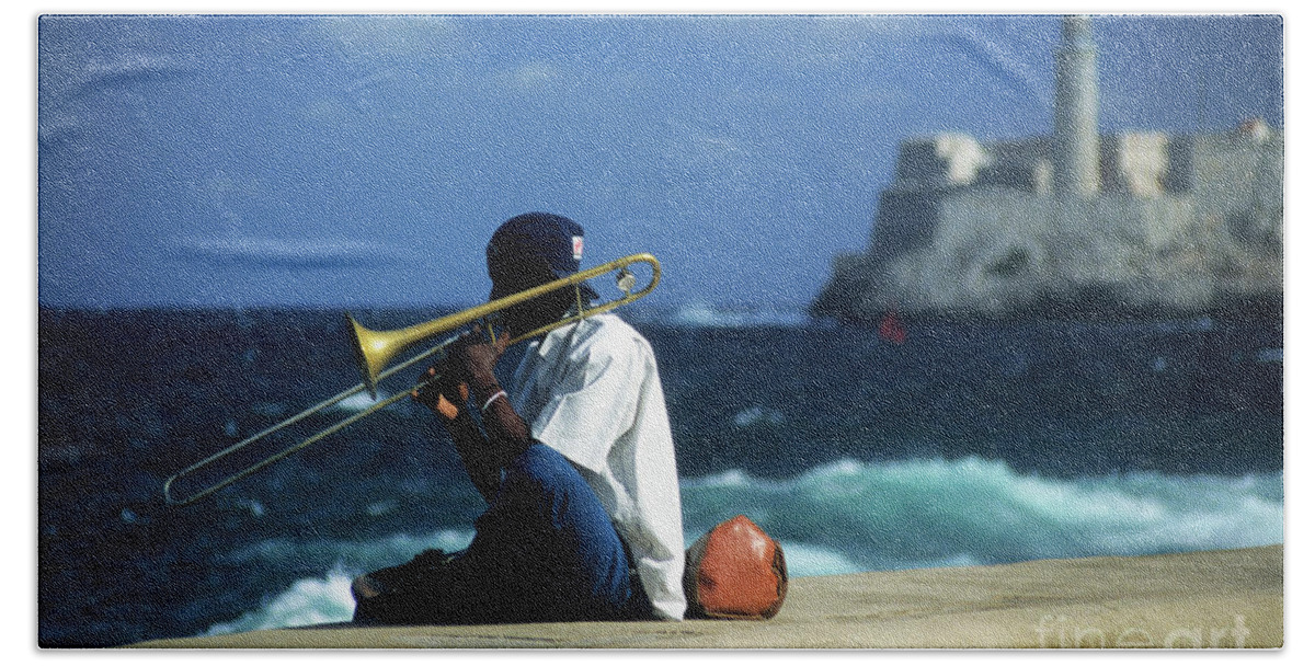 Cuba Bath Towel featuring the photograph The Trombonist by James Brunker