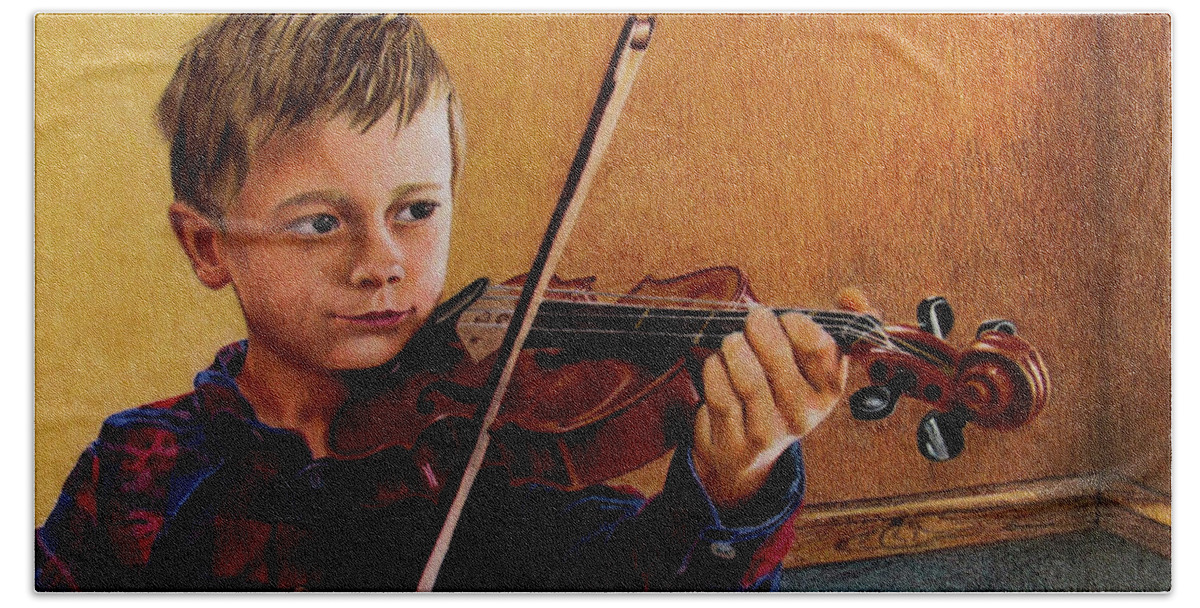 Boy Hand Towel featuring the drawing The Violinist by Kelly Speros