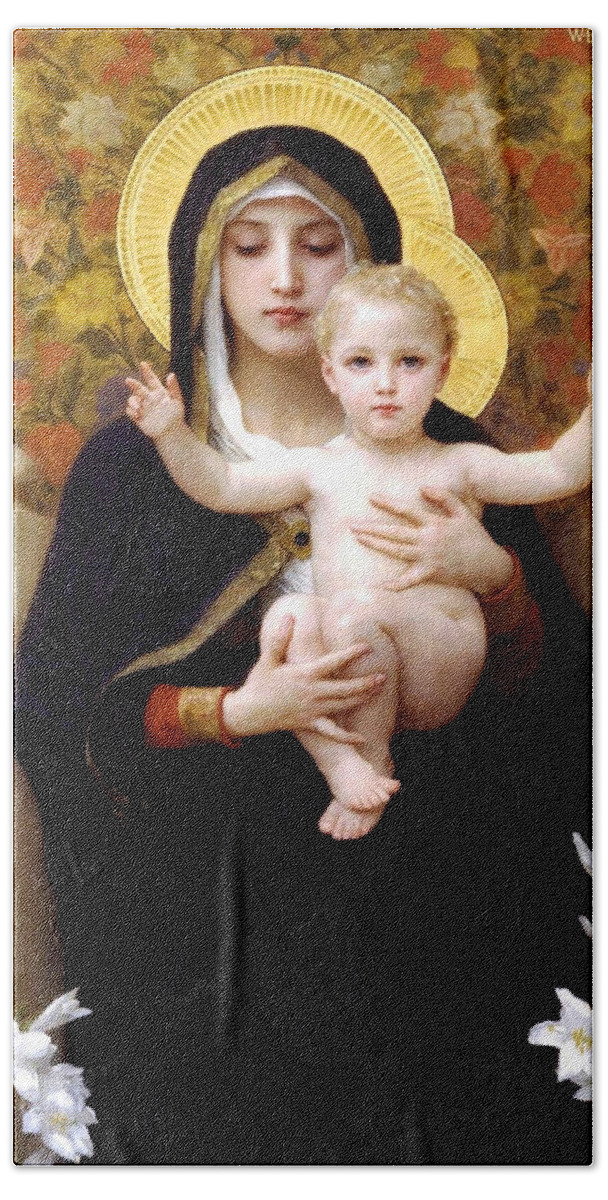 The Virgin Of The Lilies Hand Towel featuring the digital art The Virgin of the Lilies by William Bouguereau