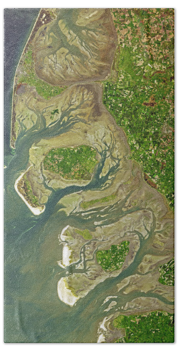 Satellite Image Bath Towel featuring the digital art The Wadden Sea from space by Christian Pauschert