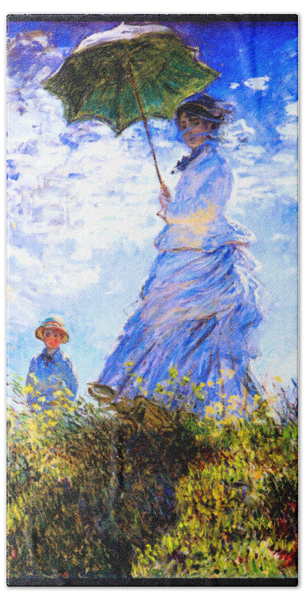 Claude Monet Bath Towel featuring the painting The Walk Lady with a Parasol 1875 by Claude Monet