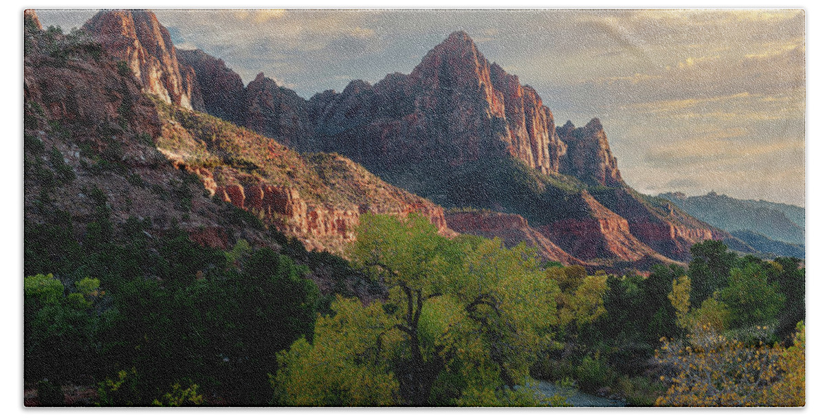 Zion National Park Bath Towel featuring the photograph The Watchman and Virgin River by Sandra Bronstein