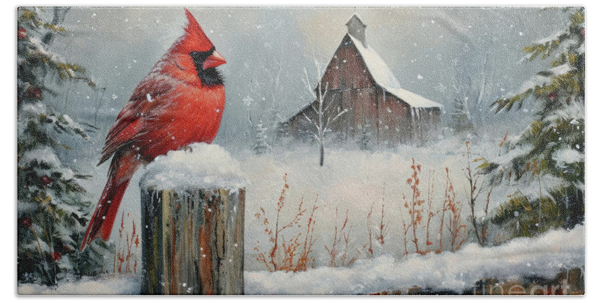 Northern Cardinal Bath Towel featuring the painting The Watchman by Tina LeCour