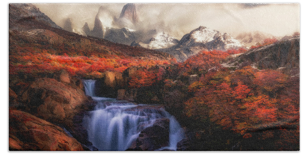 Waterfalls Hand Towel featuring the photograph The waterfall under Fitz Roy by Henry w Liu