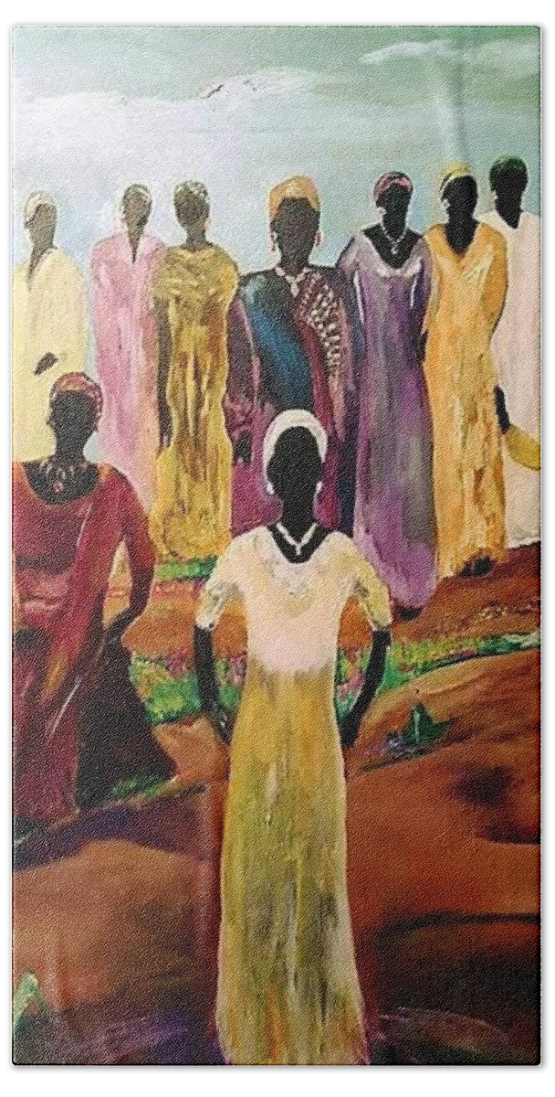 #oils #blackart #religiousart #womenart Bath Towel featuring the painting The Wedding Day by Julie TuckerDemps