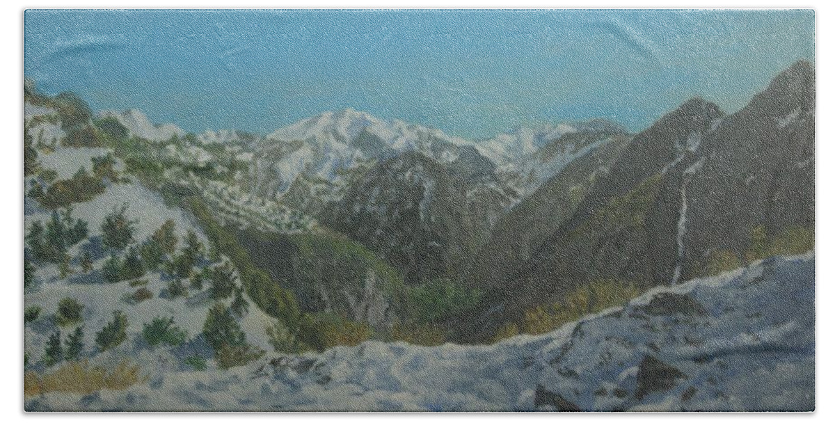 White Mountains Hand Towel featuring the painting Winter in The White Mountains Crete by David Capon