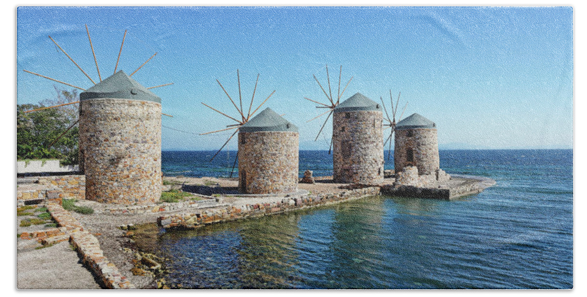 Architecture Bath Towel featuring the photograph The windmills in Chios island, Greece by Constantinos Iliopoulos
