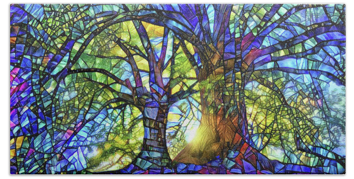 Stained Glass Bath Towel featuring the digital art The Worship of Trees by Peggy Collins