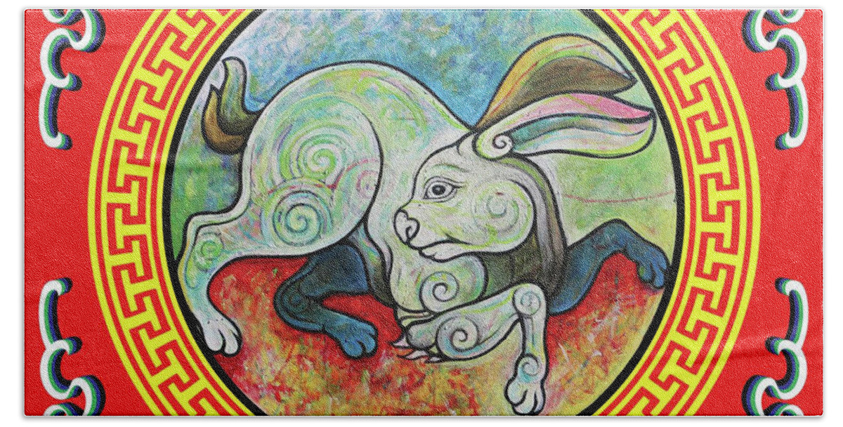 The Year Of The Rabbit Bath Towel featuring the painting The Year of the Rabbit by Tom Dashnyam Otgontugs