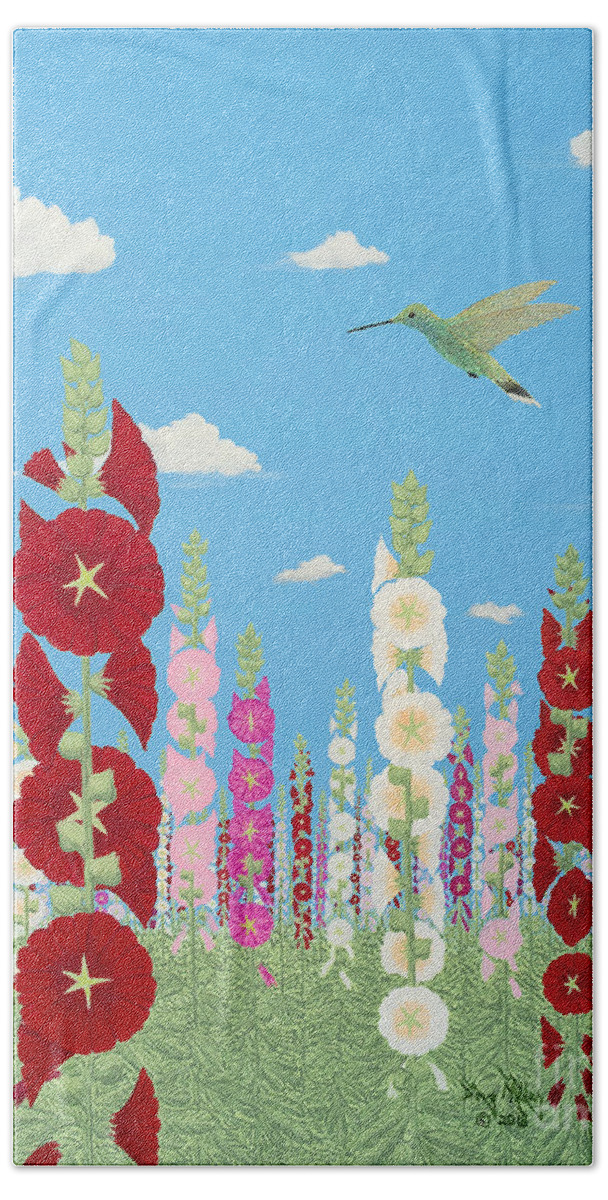 Hummingbirds Flitting Over Hollyhocks Hand Towel featuring the painting These Are For You Part Three by Doug Miller