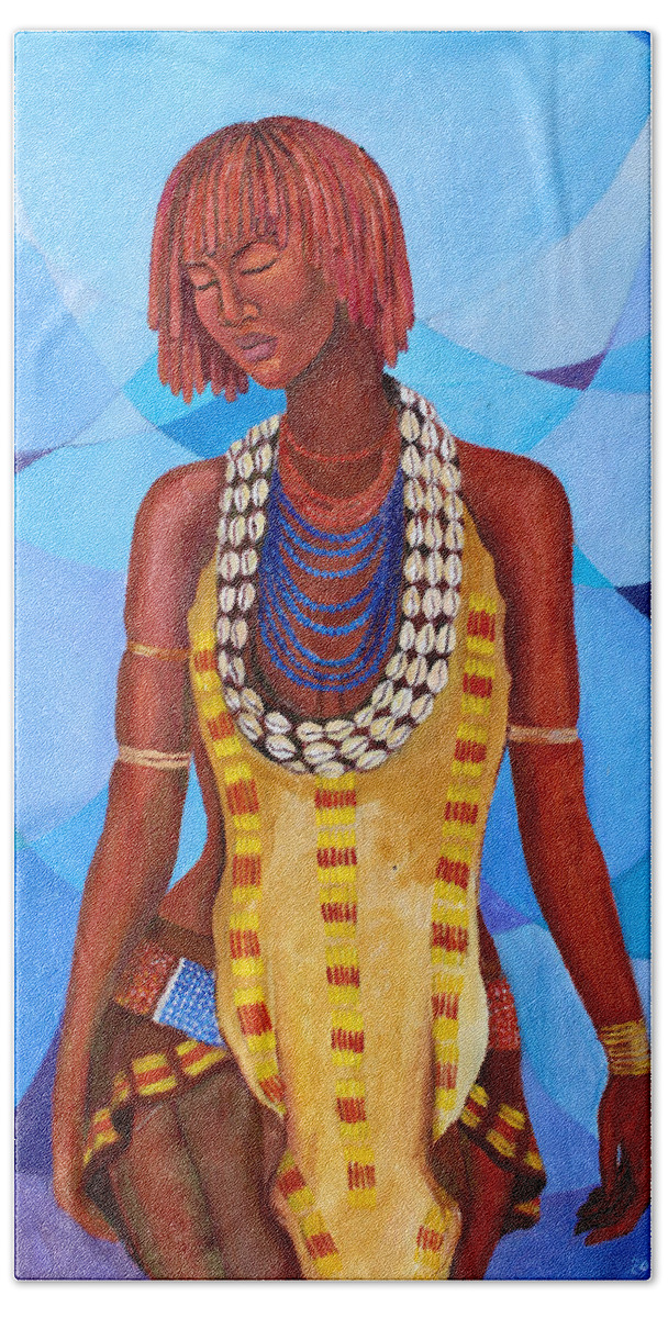 #mahlet #africa #africanart #africanartists #africanartwork #africanpaintings #trueafricanart #onlinegallery #ethiopia #tribe Hand Towel featuring the painting Thinking About It by Mahlet