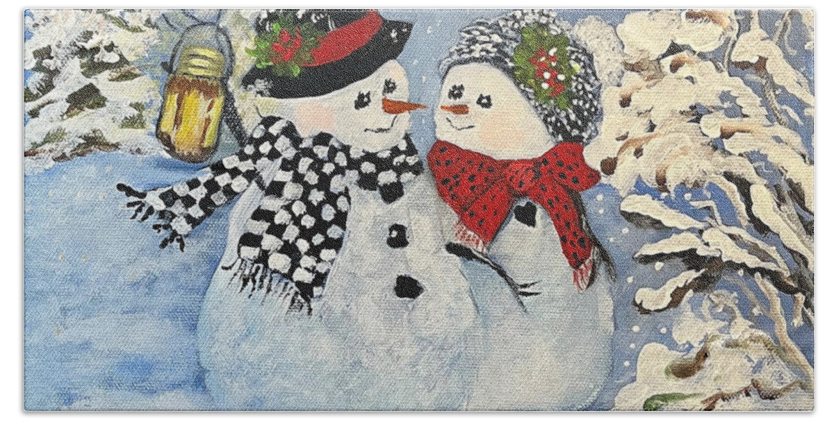 Snowman Bath Towel featuring the painting This is a Fine Snowmance by Juliette Becker