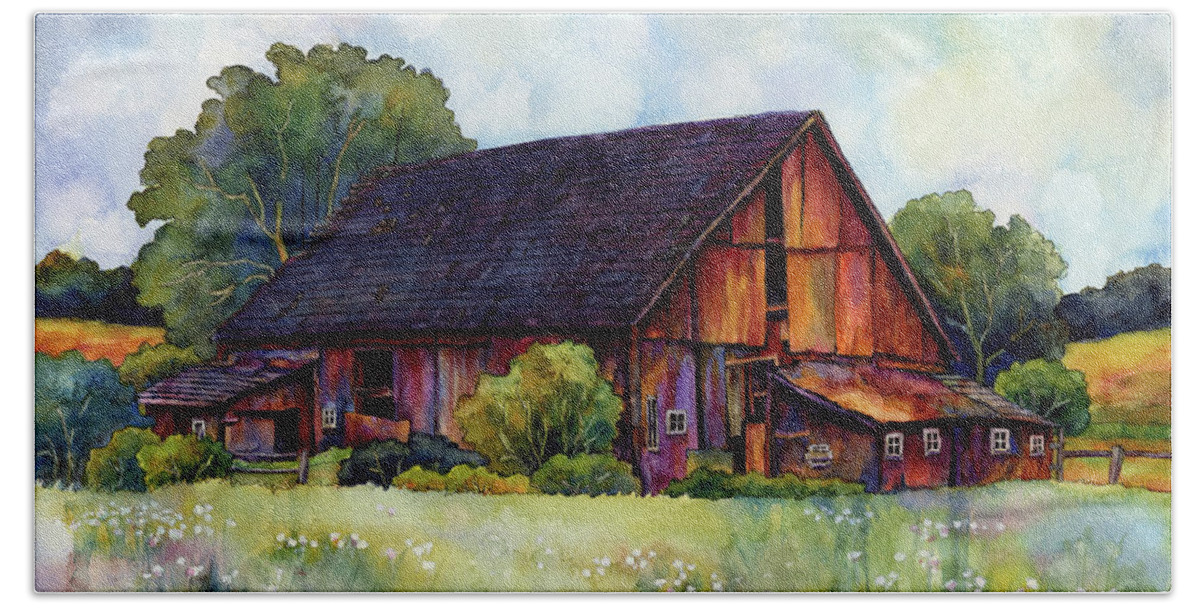 Barn Hand Towel featuring the painting This Old Barn by Hailey E Herrera