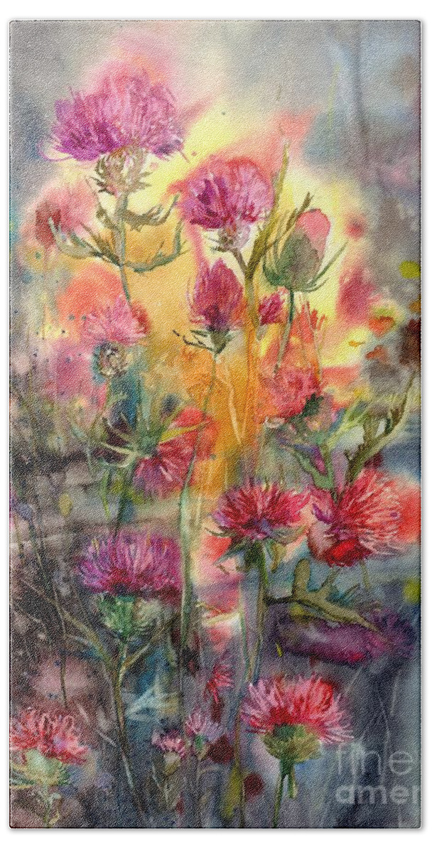 Thistle Hand Towel featuring the painting Thistles At Dawn by Suzann Sines