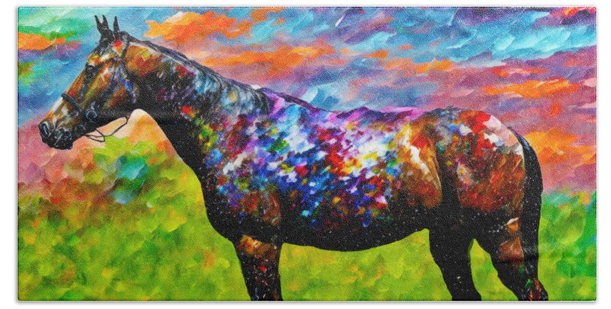 Thoroughbred Bath Towel featuring the digital art Thoroughbred horse on a pasture - colorful abstract painting by Nicko Prints