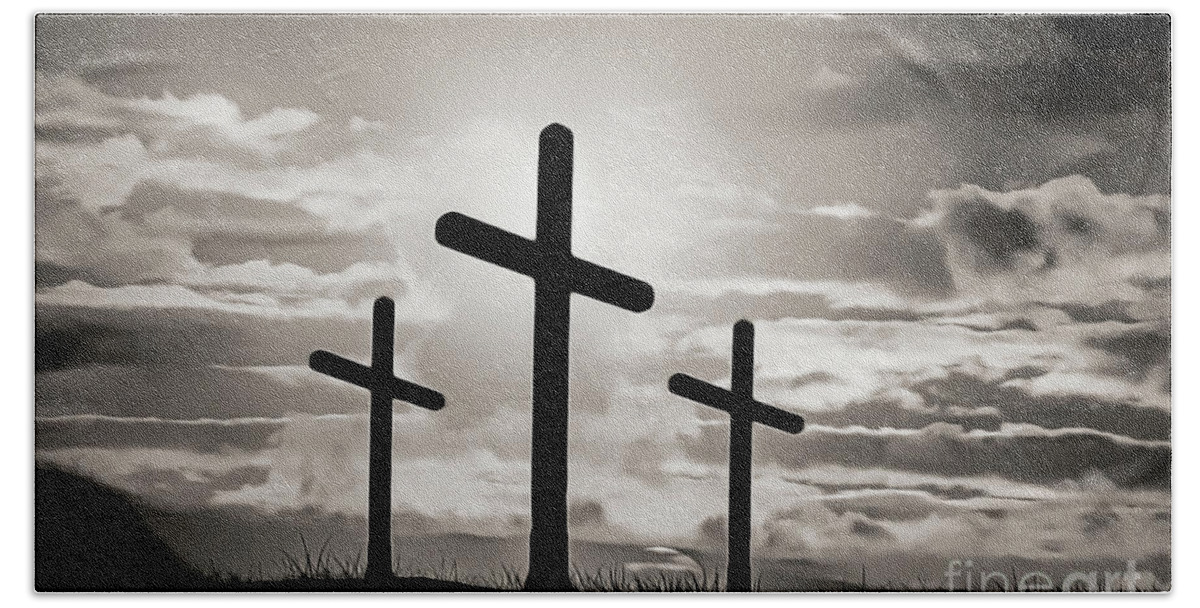Three Calvary Crosses Hand Towel featuring the digital art Three Calvary Crosses Black and White by Walter Herrit