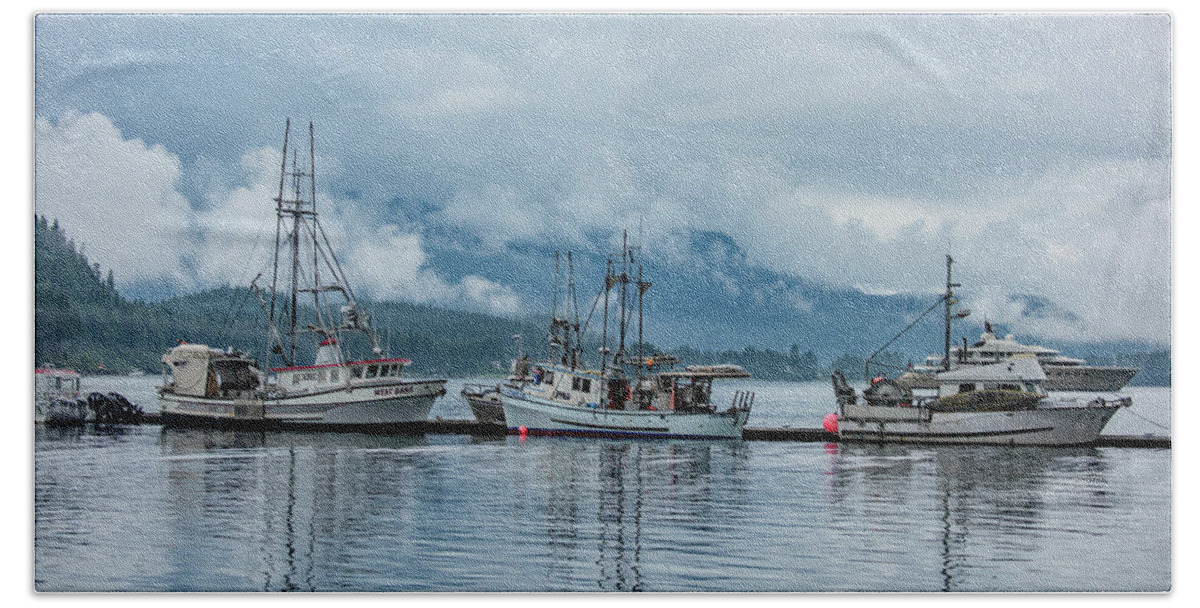 Alaska Bath Towel featuring the photograph Three Fishing Vessels Waiting in Juneau by Marcy Wielfaert