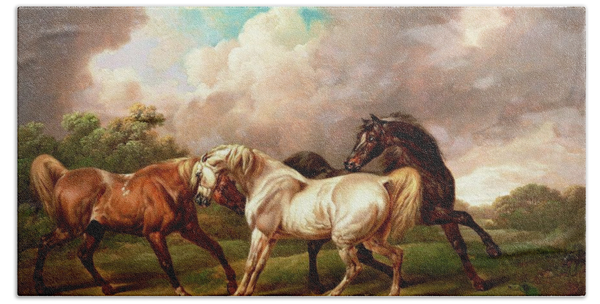 Painting Hand Towel featuring the painting Three Horses in a Stormy Landscape by The James Roney Collection