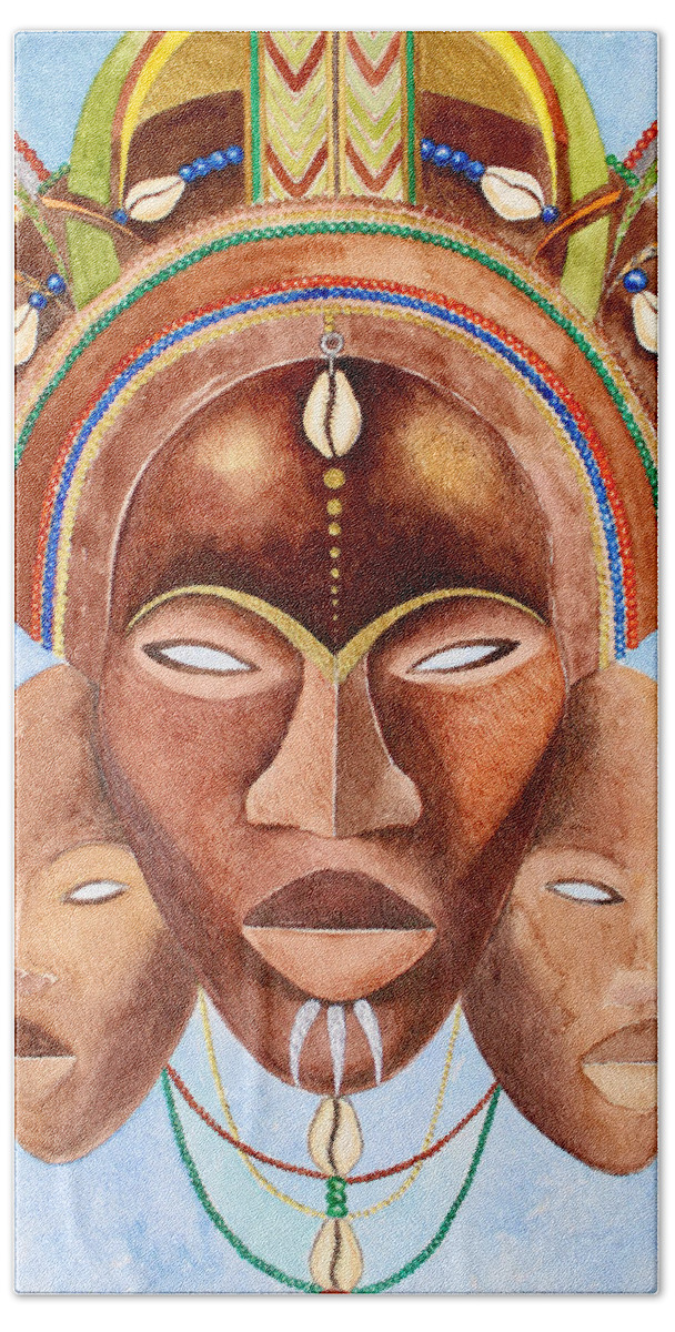 Africa Bath Towel featuring the painting Three Masks by Mahlet