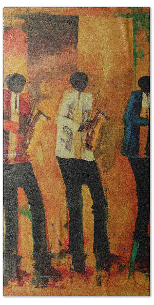  Bath Towel featuring the painting Three Saxo's In Time by Ndabuko Ntuli