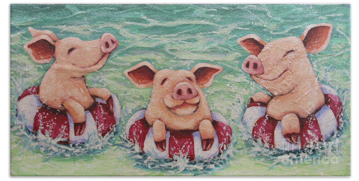 Pig Hand Towel featuring the painting Three Swimming Pigs by Lucia Stewart