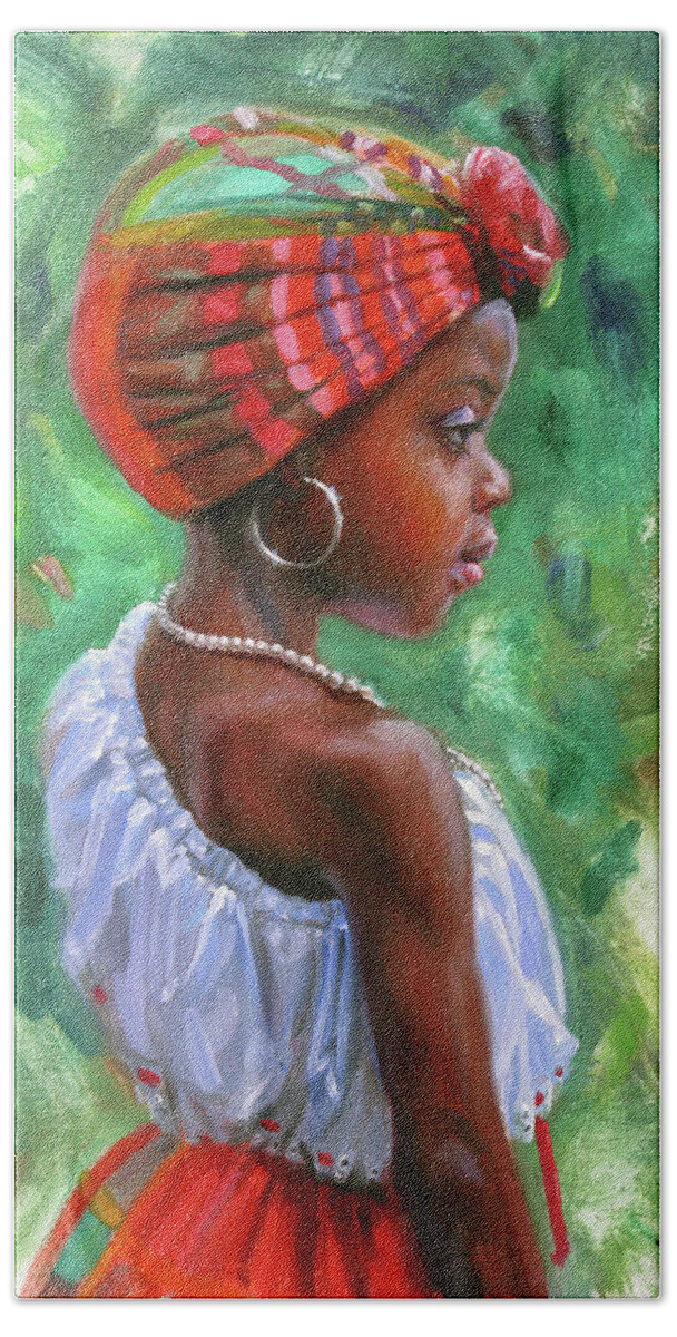 Caribbean Girl Hand Towel featuring the painting Ti Kweyol 2 by Jonathan Gladding