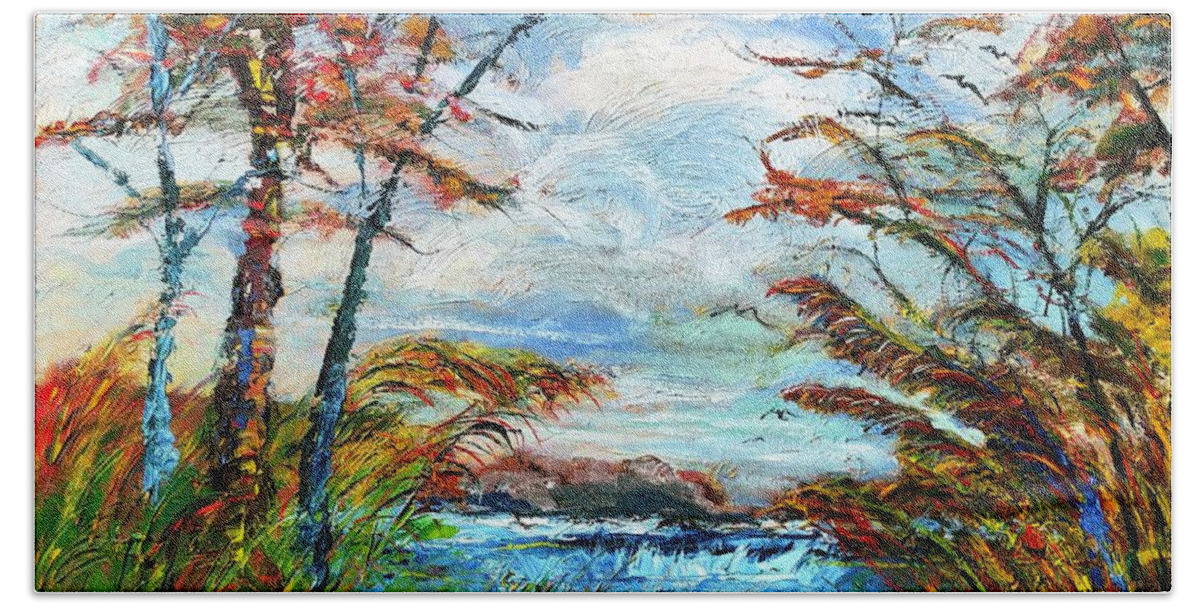 Lake Hand Towel featuring the painting Colorful Cheerful Autumn Lake Oil Painting by Catherine Ludwig Donleycott