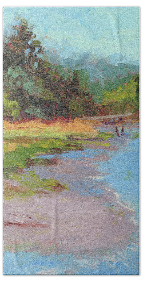 Oil Painting Bath Towel featuring the painting Chasing The Tide - landscape painting by Talya Johnson