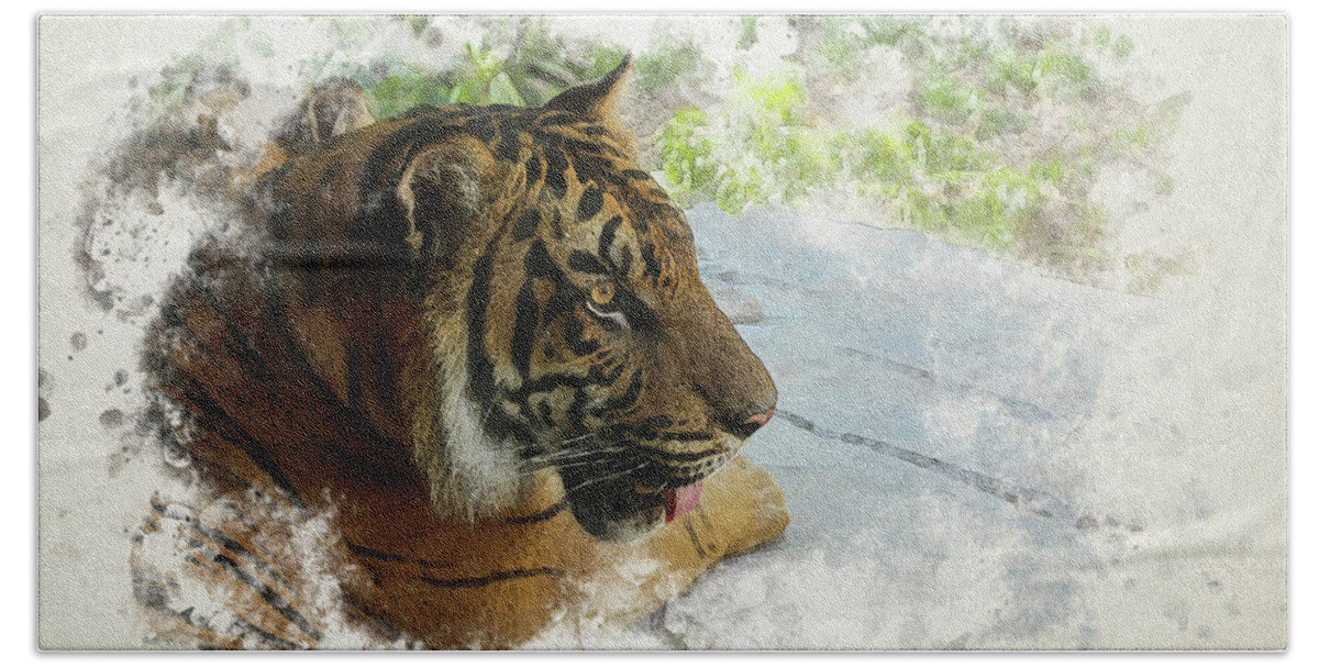 Tiger Bath Towel featuring the digital art Tiger Portrait with Textures by Alison Frank