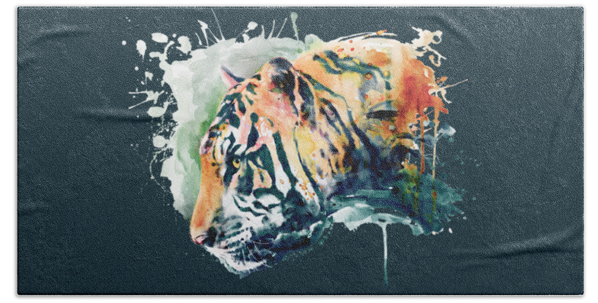 Marian Voicu Bath Towel featuring the painting Tiger Profile by Marian Voicu
